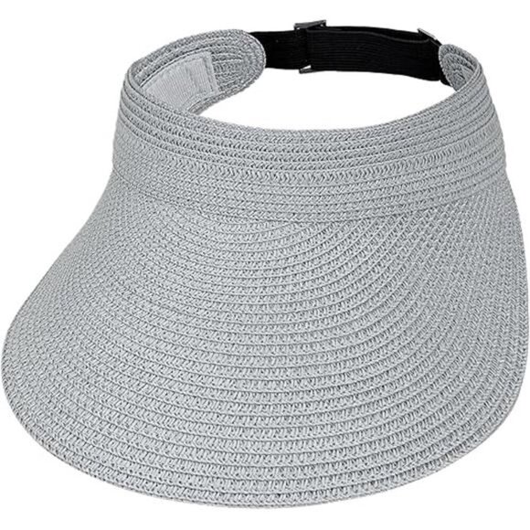 Gray Wide Brim Straw Sun Visor Hat – Packable Straw Visor with Adjustable Fit - Picture 8 of 8